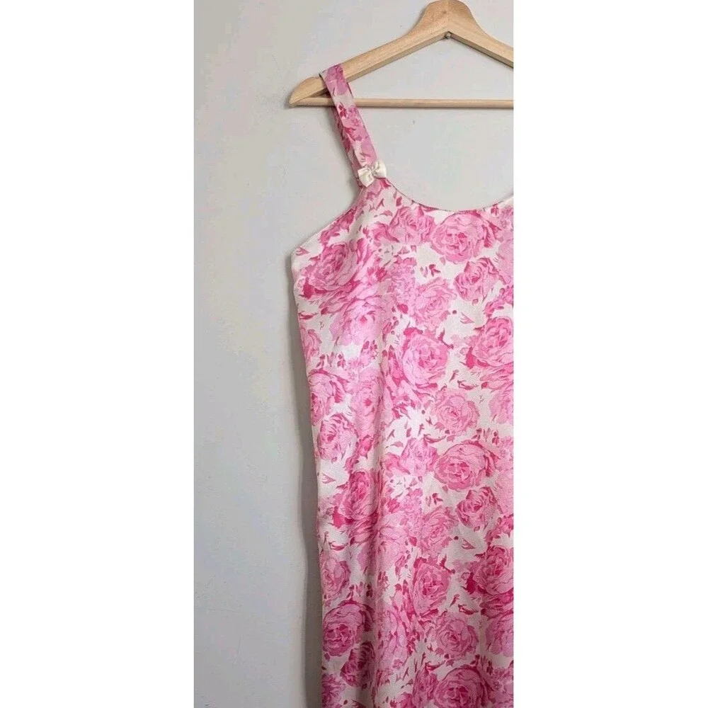 Strappy Silky Satin Slip Nightgown Dress M L Pink Rose Floral Bows L 90s Y2K